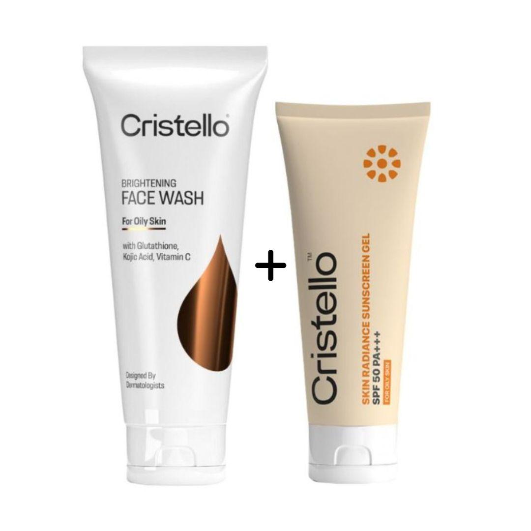Cristello Brightening Facewash + Skin Radiance Sunscreen Gel for Oily Skin (70g +