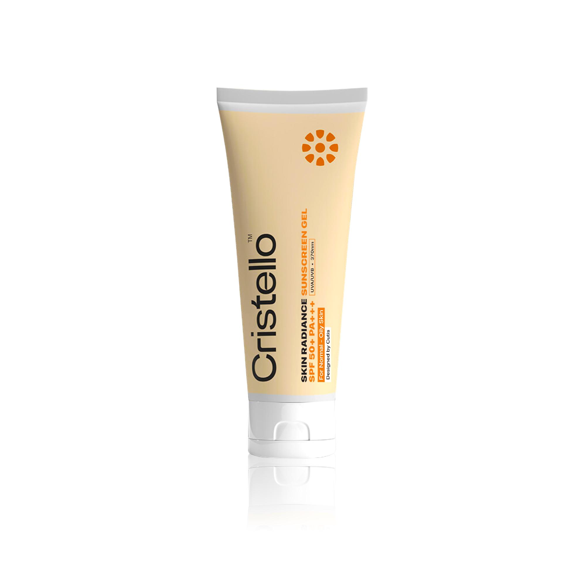 Cristello Skin Radiance Sunscreen Gel SPF 50+ Light Weight No White Cast Broad Spectrum PA +++ For Oily Skin