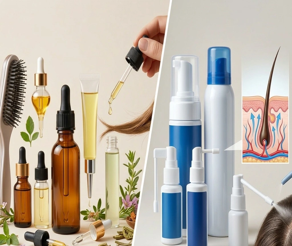 Hair growth serums and minoxidil products comparison for hair regrowth treatment and scalp care with hair care bottles, applicators, and hair follicle illustration.