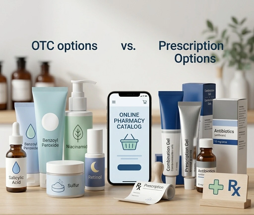 OTC vs prescription acne medicines comparison with online dermat pharmacy skincare products including salicylic acid, benzoyl peroxide, niacinamide, sulfur, and retinol.
