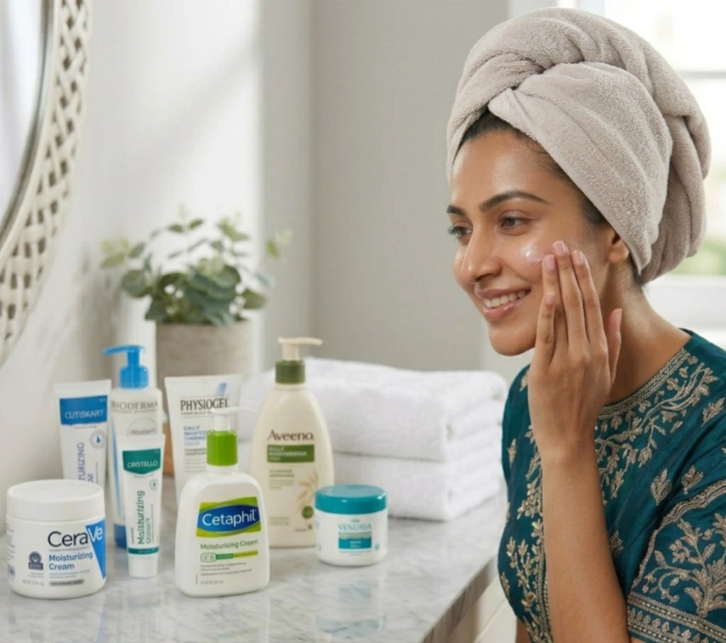 Best moisturizer for dry skin in India featuring Cutiskart, Cristello, Cetaphil, CeraVe, Aveeno and Physiogel skincare products